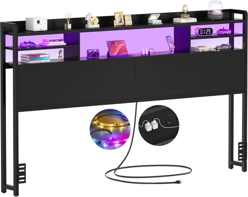 Miniatura 16 de Aheaplus Cabecero para cama de tamaño individual con almacenamiento, cabeceros con luz LED, tomas de corriente, puertos USB, tamaño individual