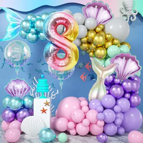 Miniatura 5 de Juego de decoración con globos de aluminio de sirena o temática marina o bajo el mar, para decoración de fiestas, cumpleaños, baby showers