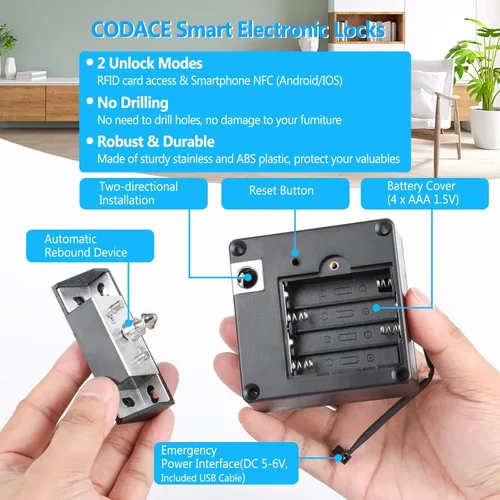 Miniatura 3 de CODACE Cerradura de gabinete RFID, cerraduras electrónicas NFC inteligentes para armario de madera, armario, despensa, paquete de 2