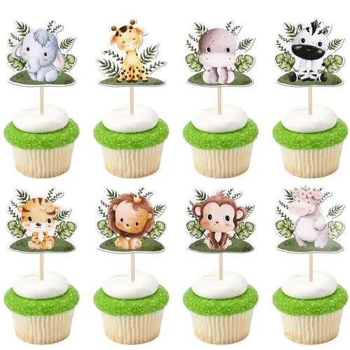 Miniatura 11 de 36 piezas de decoración para cupcakes de animales de la jungla, león, mono, cebra, hipopótamo, jirafa, elefante, temática de bosque, púas