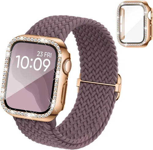Miniatura 8 de Correa trenzada elástica compatible para bandas de Apple Watch para mujeres y estuche de 40 mm, 41 mm, 42 mm, 44 mm, 45 mm, 46 mm, protector