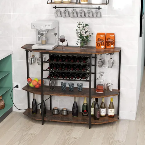 Miniatura 7 de Giantex Armario de bar de vinos con toma de corriente, mini mesa de soporte para barra de café con 21 botelleros y soportes para vidrio, estantes