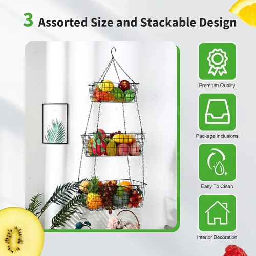 Miniatura 3 de Hicarer Cesta de frutas colgante de 3 niveles cuadrada de 35.4 pulgadas, organizador de frutas de cocina, organizador de alambre resistente