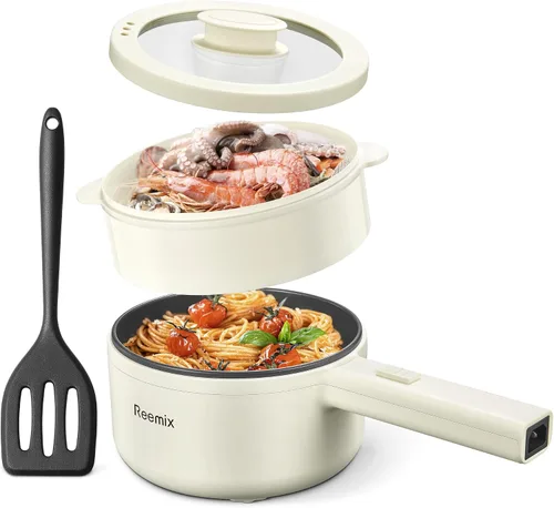 Miniatura 8 de Olla Eléctrica con Vaporera, Cocedor de Ramen Antiadherente de 1.6L Sartén para Saltear para Bistec, Huevo, Arroz Frito, Ramen, Avena, Sopa