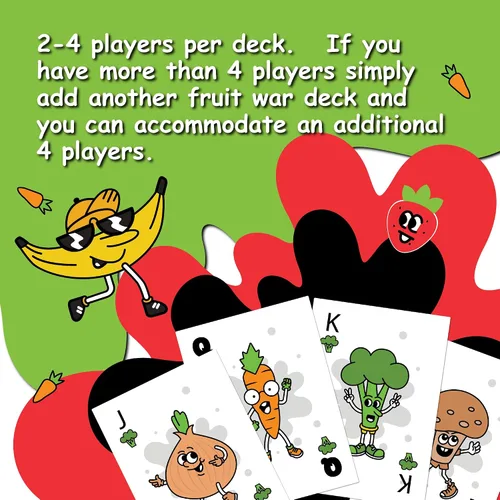 Miniatura 4 de Juegos Fruit War, un juego familiar que es un giro en el clásico juego de cartas de guerra, con juego más rápido, batallas intensas y personajes