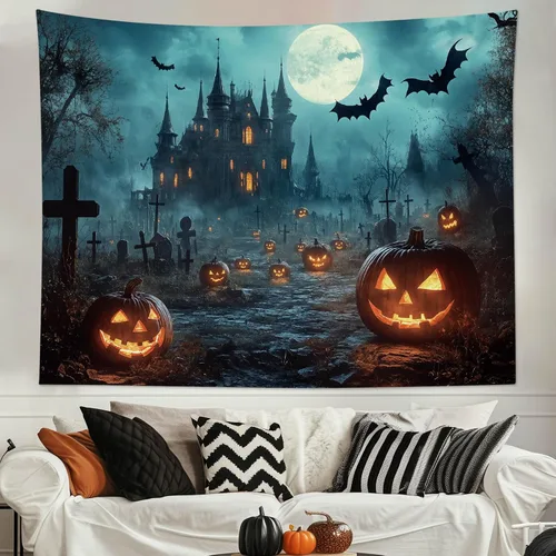Miniatura 18 de EOBTAIN Scary Halloween Tapestry Gothic Black Crow Skull in Horror Graveyard Tapestry Wall Hanging Spooky Raven under Misty Full Moon Night Wall Art