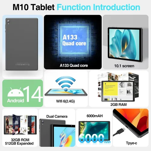 Miniatura 2 de Tablet de 10 Pulgadas Android 14 Tablet PC, Tabletas con 32GB ROM 512GB Expandible, Procesador Quad Core, WiFi 6, Pantalla IPS HD de 10.1'', Batería