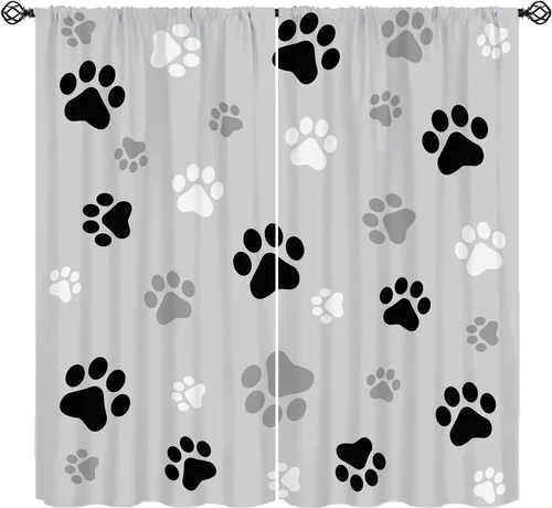 Miniatura 9 de Cortinas opacas con diseño de animales, fondo azul con huellas de perro, huesos y divertido patrón de cachorro, cortinas de sala de estar para niños