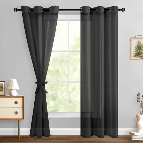 Miniatura 128 de Hiasan - Cortinas traslúcidas de gasa cortas semitransparentes con ojales y alzapaños filtrantes de luz para ventana, dormitorio, baño, 2 paneles