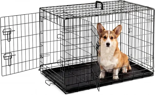 Sweetcrispy - Jaula grande para perros con panel divisor, de 91 cm, de doble puerta, plegable, de alambre de metal, con bandeja antiderrame de