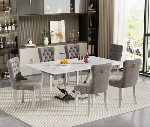 Miniatura 15 de HomVent Juego de mesa de comedor rectangular para 4, juego de mesa de cocina rectangular, juego de mesa de comedor de mármol sintético, juego