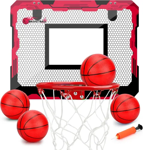Miniatura 6 de Juego de mini aro de baloncesto para interiores, regalo para niños y adultos, aro mejorado sobre la puerta con 4 bolas de goma de 6 pulgadas, aro