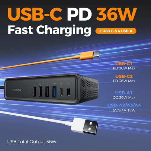 Miniatura 3 de TESSAN - Inversor de corriente para automóvil de 200 W, convertidor de 12 V CC a 110 V CA con 2 salidas de CA y 6 puertos USB con USB de 36 W