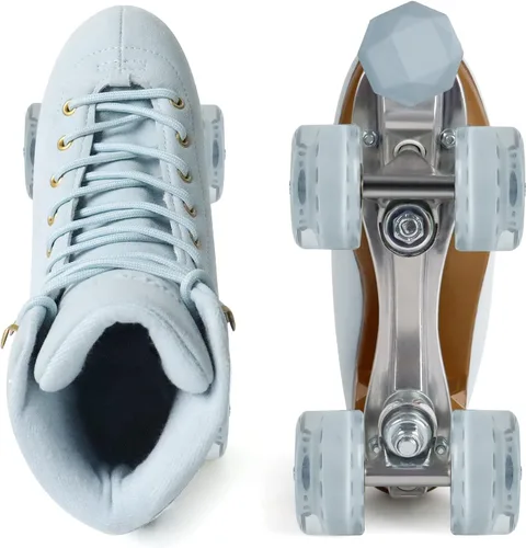 Miniatura 2 de Patines de ruedas para mujer o hombre con topes de goma ajustables en altura, patines retro de gamuza cuádruples para exteriores e interiores Azul
