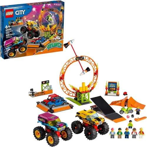 LEGO City Stunt Show Arena 60295 - Juego de juguetes de construcción con 2 camiones monstruo, 2 autos plegables, una bicicleta de acrobacias