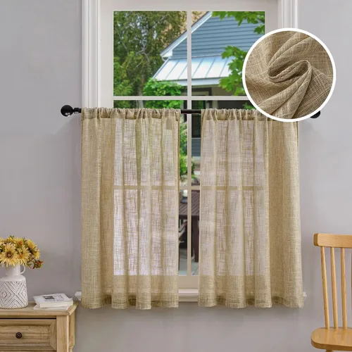 Miniatura 15 de Beda Home - Paneles de cortina texturizados de lino para cocina, sala de estar; paneles cortos rústicos filtrantes de luz para ventanas pequeñas