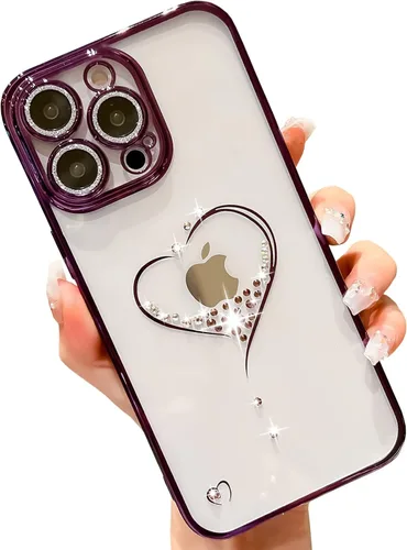 Bling Glitter Heart - Funda compatible con iPhone 14 Pro Max, bonito protector de cámara completo brillante para mujer, diseño de fundas para Púrpura