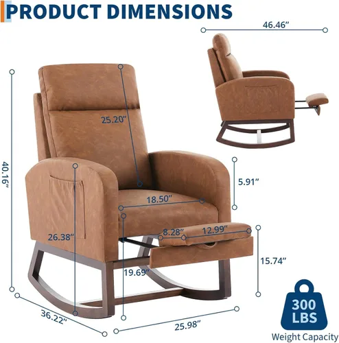 Miniatura 2 de Mecedora para guardería de mamá, mecedoras de poliuretano con reposapiés, respaldo alto y patas de madera y bolsillo lateral para sala de estar