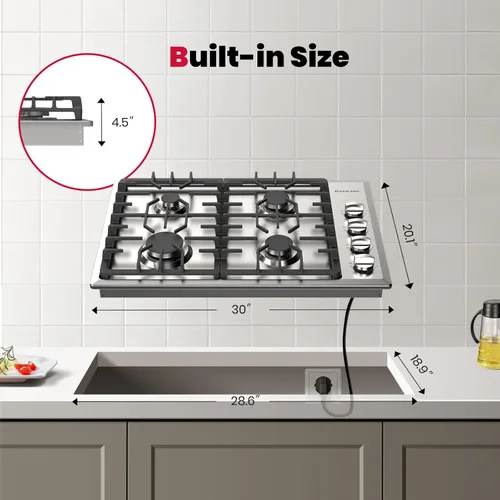 Miniatura 5 de GASLAND Cocina de gas de 30 pulgadas con 4 quemadores PRO GH2304SS, cocinas de gas NG/GLP convertibles a gas natural y propano, encendido