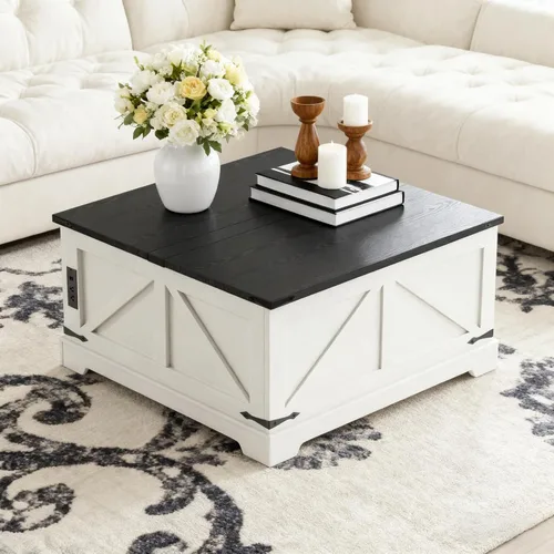 Miniatura 2 de Vabches Mesa auxiliar elevable de 35.4 pulgadas con almacenamiento, mesas de centro cuadradas de granja para sala de estar, mesa central