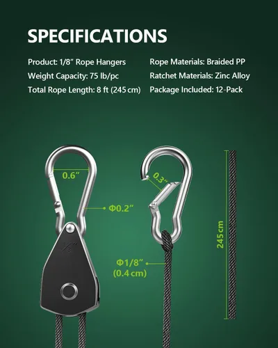 Miniatura 6 de 12 cuerdas ajustables con gancho de 1/8", correa de amarre resistente con engranaje metálico reforzado, polea con trinquete, elásticas, para colgar