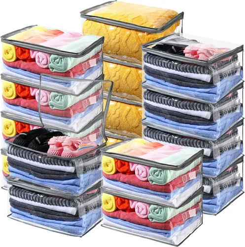 Miniatura 8 de Windyun Paquete de 16 bolsas de almacenamiento transparentes con cremallera y asa para ropa, manta de plástico resistente, bolsas de mudanza