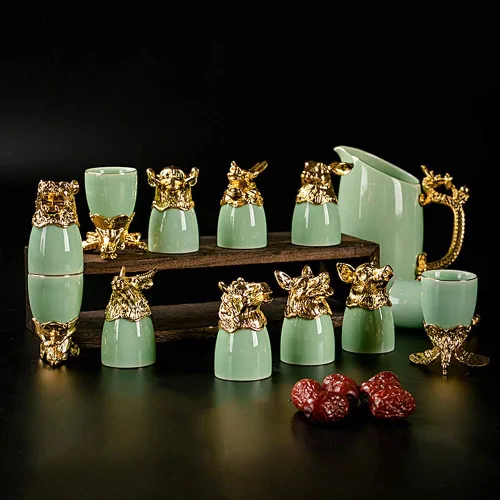 Miniatura 4 de Doce signos del zodíaco chino, 13 piezas, juegos de bar, licor de vino, porcelana, 1 pote 12 tazas, juego de obras de arte hechas a mano, cerámica