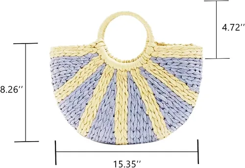 Miniatura 2 de Bolsos de paja de ratán semicírculo, tejido a mano para mujer, bolso de asas retro de paja de verano, bolso cruzado colorido, bolso bohemio