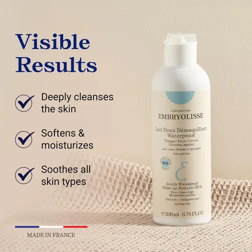 Miniatura 3 de Embryolisse Leche desmaquillante suave e impermeable, limpiador facial hidratante 4 en 1 para pieles sensibles con aloe vera y manteca de karité