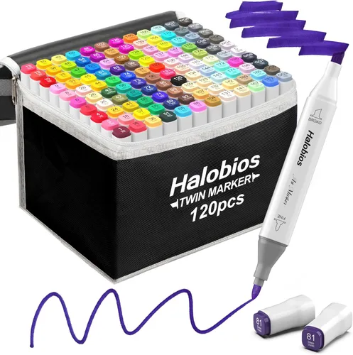 Halobios - Juego de marcadores a base de alcohol con 120 colores, de punta doble, puntas finas y biseladas, con estuche. Marcador para colorear,