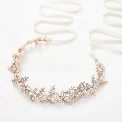 Miniatura 3 de SWEETV Cinturón nupcial de oro rosa con diamantes de imitación Cinturón de vestido de novia hecho a mano Hoja con cuentas Faja de, Oro Rosa