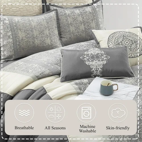Miniatura 4 de Stratford Park - Juego de edredón de damasco de plata/marfil con mosaico, 8 piezas, funda de almohada de jacquard, falda de cama, almohada