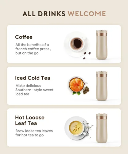 Miniatura 8 de Cafetera portátil de prensa francesa y prensa de té, taza de viaje de acero inoxidable aislada al vacío de 11 oz, filtro fino único para campamento