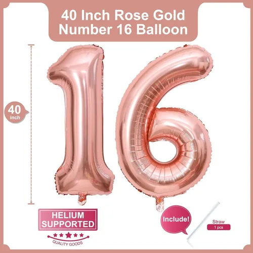 Miniatura 2 de Globo de oro rosa de 40 pulgadas con el número 16 de 61 dígitos gigantes de papel de aluminio de Mylar para helio de 16º cumpleaños 61, decoraciones