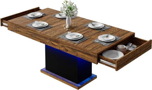Miniatura 3 de Mesa de comedor de 55 pulgadas para 4 a 6 personas, mesa de comedor de madera de granja con cajones y luces LED para cocina, comedor y sala de estar