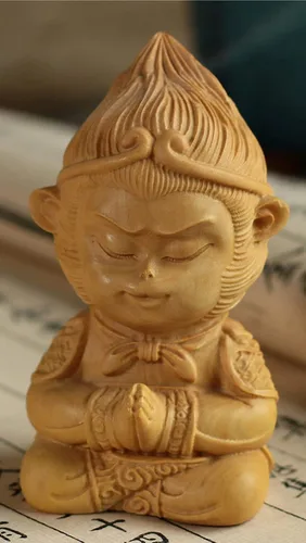 Miniatura 3 de Estatua tallada a mano del rey del mono del zodíaco Fengshui del mito natural de boj (Q Style 8 #)