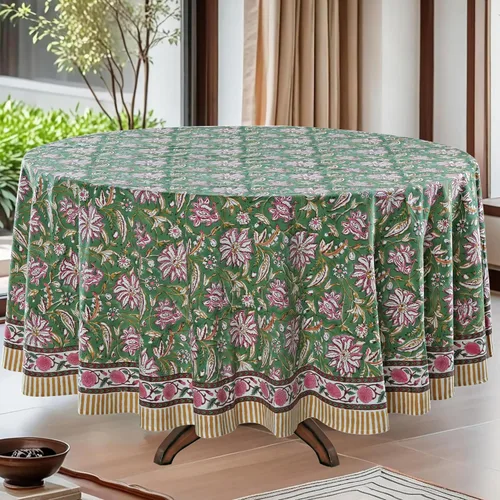Miniatura 23 de Ridhi Mantel redondo de algodón reutilizable con estampado de bloque a mano, color verde espárragos, 60 pulgadas, mantel decorativo para uso diario