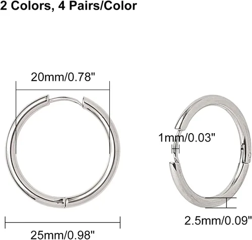Miniatura 3 de UNICRAFTALE 16 aretes de aro de pulido de acero inoxidable de 0.984 in, 2 colores, aretes de aro Huggie Loop Componentes para bricolaje para mujer