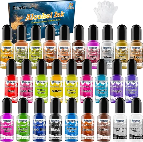 Roizefar Juego de tinta con base de alcohol - 28 botellas de colores vívidos de alta concentración, pintura metálica en resina, tinte seguro de