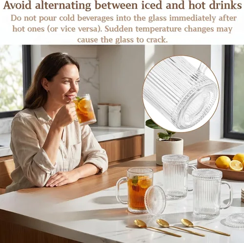 Miniatura 5 de Noamus Paquete de 4 tazas de café de vidrio con tapa y cuchara, taza de té de rayas verticales acanaladas de 13 onzas, juego de cristalería clásica