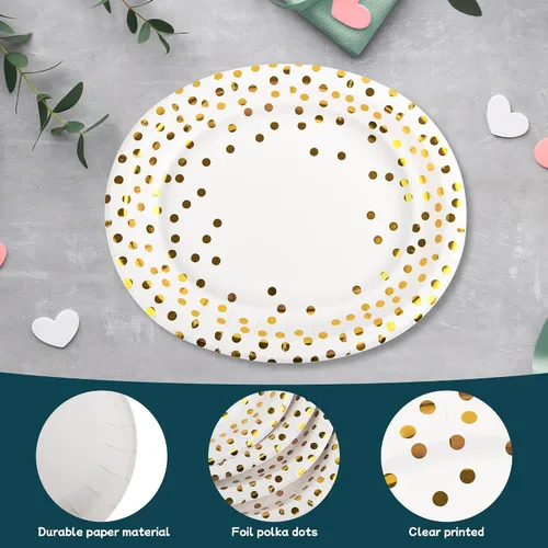 Miniatura 3 de AimFun 50 platos de papel ovalados grandes desechables dorados de lunares dorados de 10 x 12 pulgadas, bandeja decorativa para servir postres