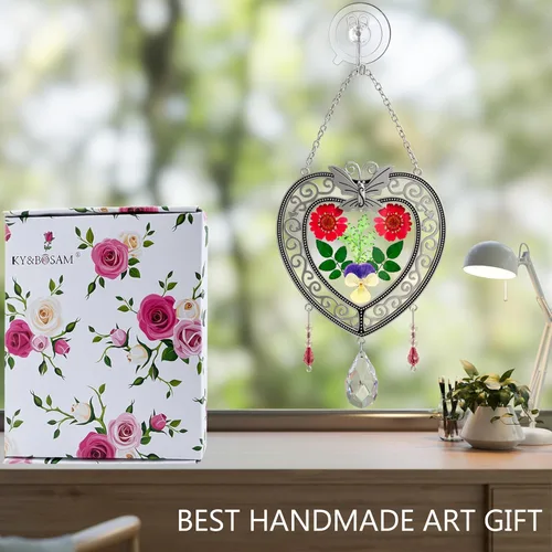 Miniatura 9 de KY&BOSAM Atrapasoles de cristal con forma de corazón, árbol de la vida, paneles de vitrales, colgantes de flores reales para ventanas, hogar