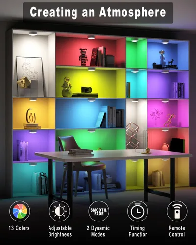 Miniatura 6 de HELPLEX Luces LED de disco con control remoto, paquete de 6 luces adhesivas RGBW que cambian de color, alimentadas con pilas, iluminación regulable