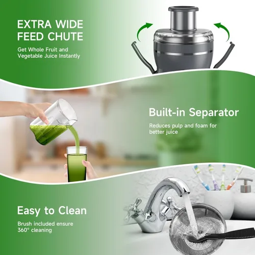 Miniatura 6 de Máquina exprimidora, extractor de exprimidor centrífugo de 500 W con 3 velocidades y boca ancha de 3 pulgadas para frutas y verduras, exprimidor