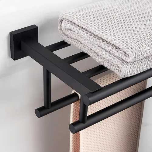 Miniatura 4 de Toallero con estante de 20 pulgadas, toalleros dobles para baño, soporte de toallas de baño negro mate, toallero de acero inoxidable SUS304