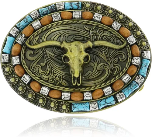 Miniatura 21 de RechicGu Hebilla de cinturón ovalada de calavera de toro de cuerno largo, cuentas de madera turquesa nativa americana, hebillas de vaquero