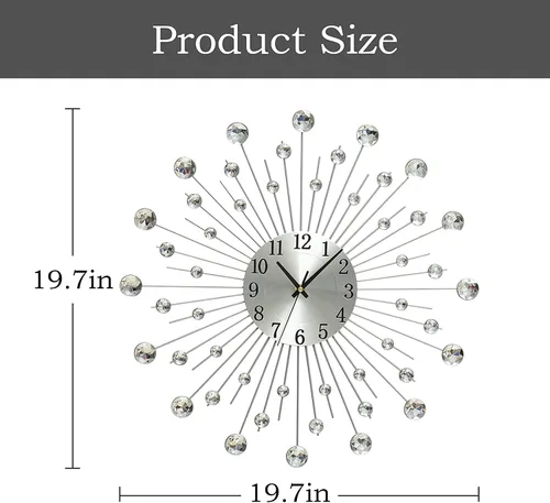 Miniatura 5 de Reloj de pared grande de 19.7 pulgadas para decoración de sala de estar, reloj de pared moderno, silencioso, de metal, con diseño de estrella, Plata