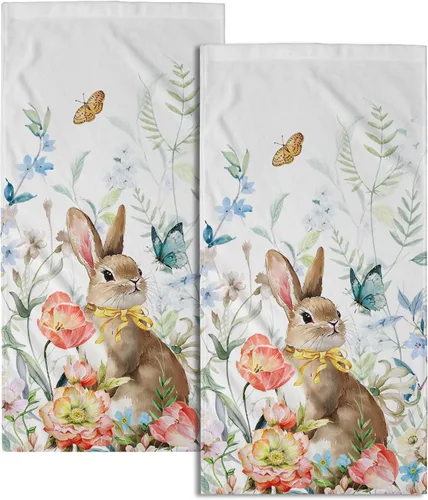 Miniatura 48 de Juego de 2 toallas de mano para el 4 de julio, 14 x 28 pulgadas, diseño patriótico de hojas florales rojas y azules, absorbentes y suaves