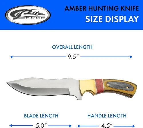 Miniatura 3 de SZCO Full Tang Upsweep - Cuchillo de caza de 9.5 pulgadas, cuchillo de bolsillo con hoja de acero inoxidable, mango de madera ámbar rojo/latón