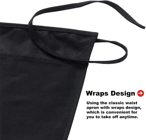 Miniatura 4 de TOPTIE Paquete de 2 delantales de cintura para camarero y servidor bistró con 3 bolsillos, medios delantales para restaurante y cocina, 24 pulgadas